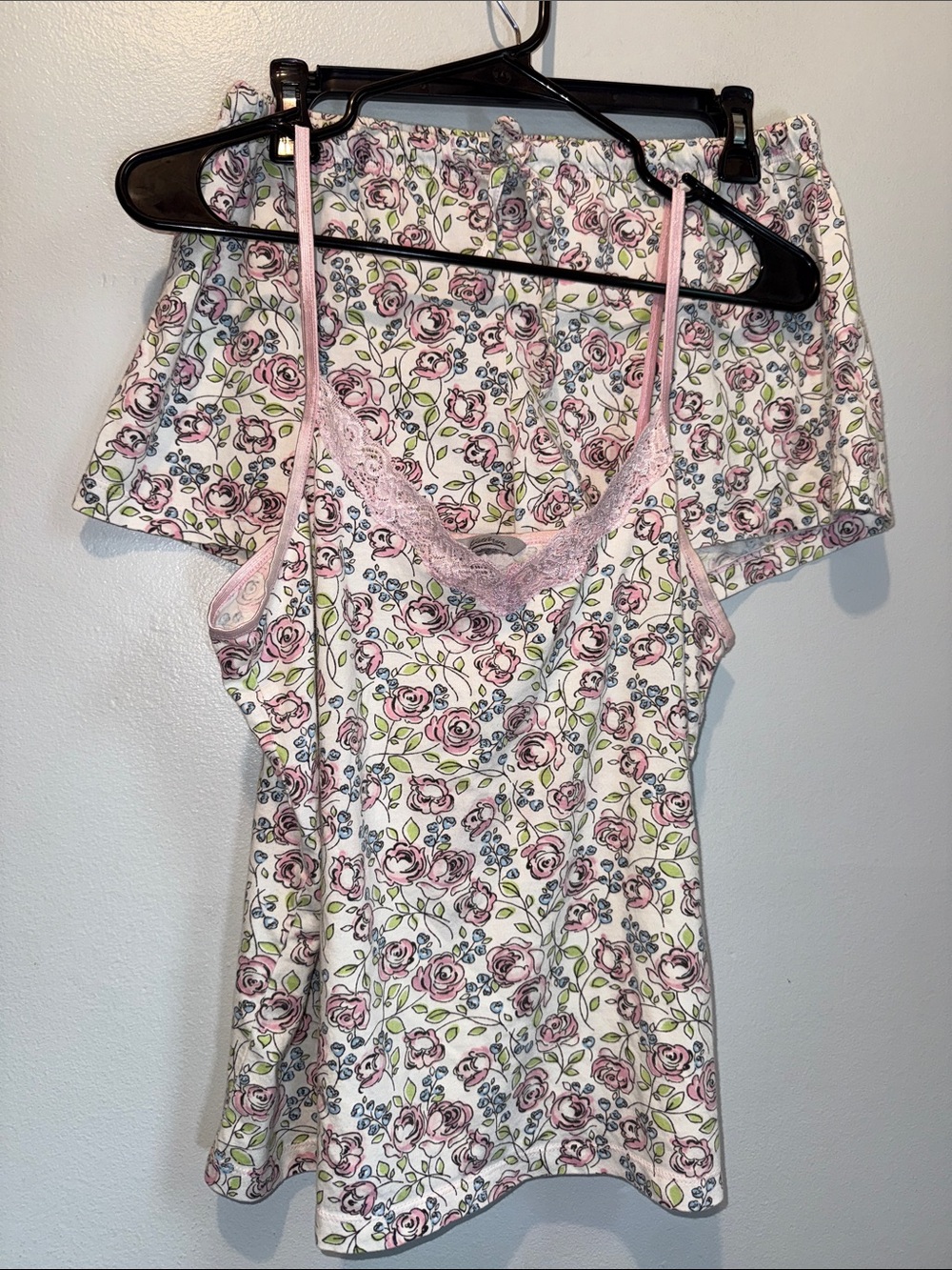 Kathryn Medium Floral Lace-Trim Camisole Top Pink Roses Short Set Pajamas Lounge